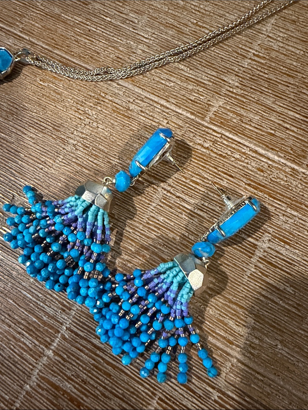 Kendra Scott Turquoise Blue Beaded Tassel Drop Earrings and necklace